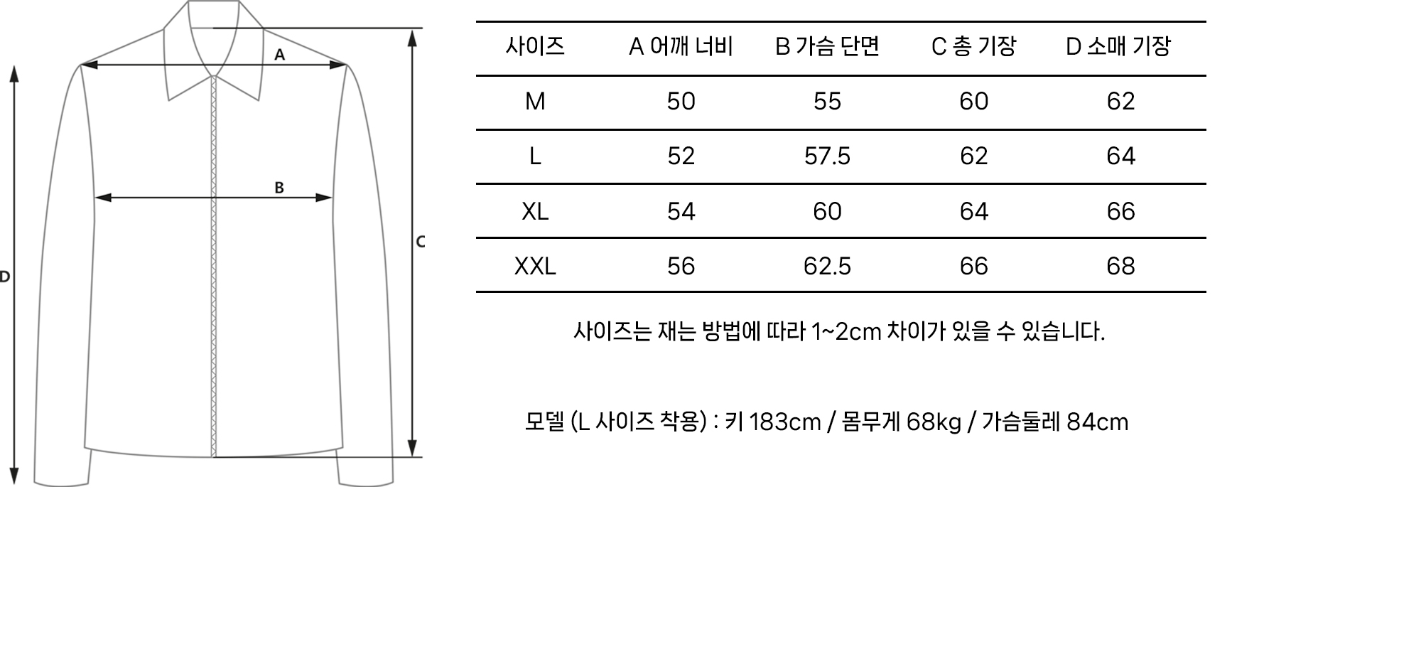 사이즈 차트 이미지